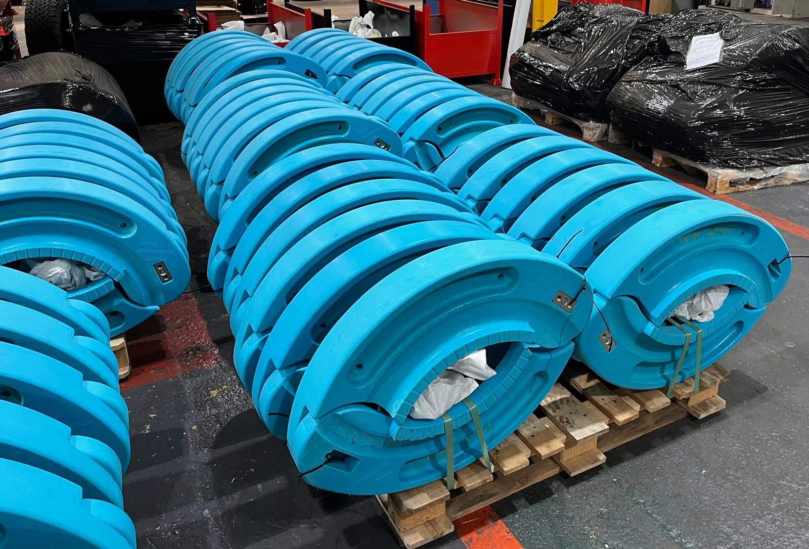 Pallets of polymer RunFlat segments in the Toota Group warehouse