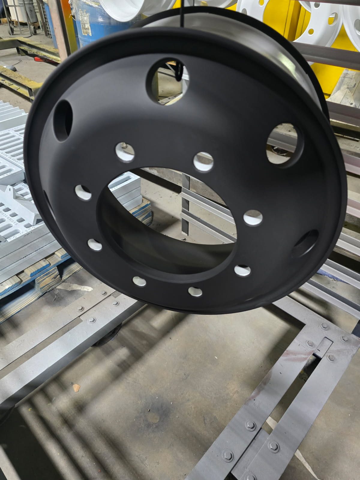Matte black 10-hole heavy truck wheel, freshly coated
